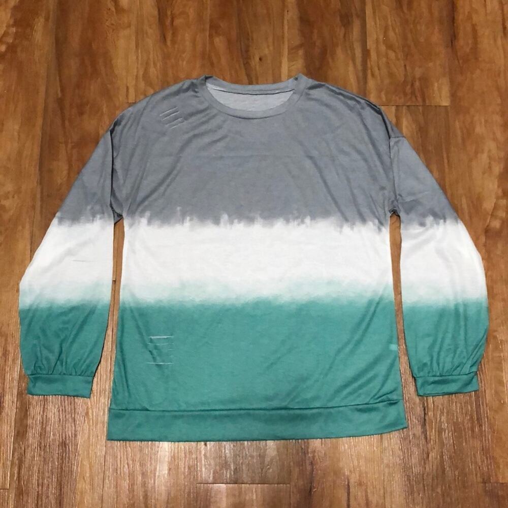 Boutique Gray White Blue Green Distressed Ombré Long Sleeve Shirt Size Medium